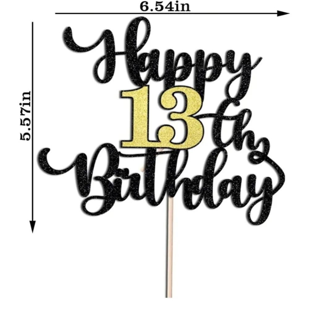 Black and Gold Happy 13th Birthday Cake Topper Lot Of 2 Packs
